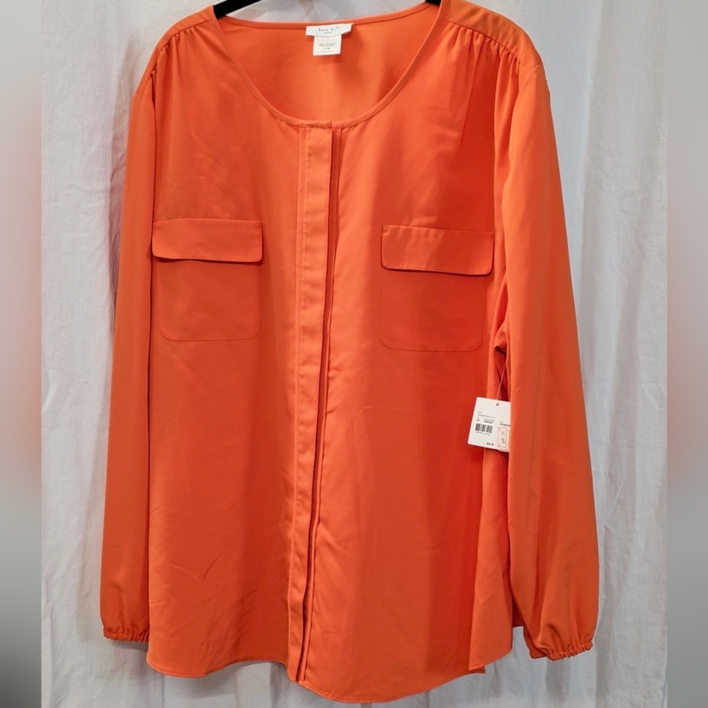 Kate Hill 22W 3X Womens Plus Peach Orange Button Down Dress Shirt Blouse